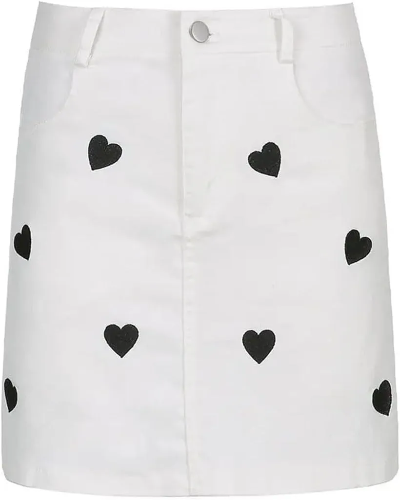 Women's Denim Skirt Preppy Style Love Heart Embroidered Lined High-Waisted Leg-Lengthening Hip-Covering Short Skirt
