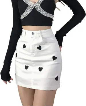 Women's Denim Skirt Preppy Style Love Heart Embroidered Lined High-Waisted Leg-Lengthening Hip-Covering Short Skirt