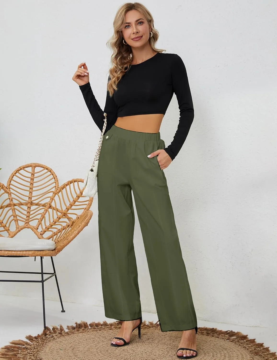 Womens Elastic High Waist Pants Straight Long Trousers Pockets Comfy Cotton Palazzo Work Business Casual