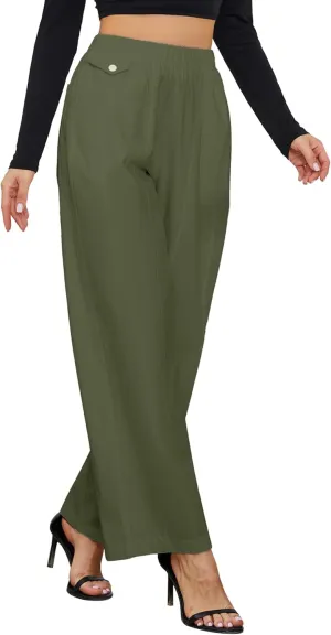 Womens Elastic High Waist Pants Straight Long Trousers Pockets Comfy Cotton Palazzo Work Business Casual