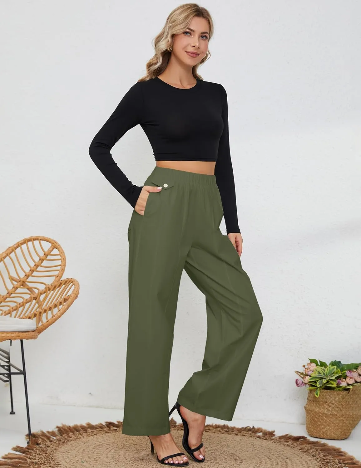 Womens Elastic High Waist Pants Straight Long Trousers Pockets Comfy Cotton Palazzo Work Business Casual