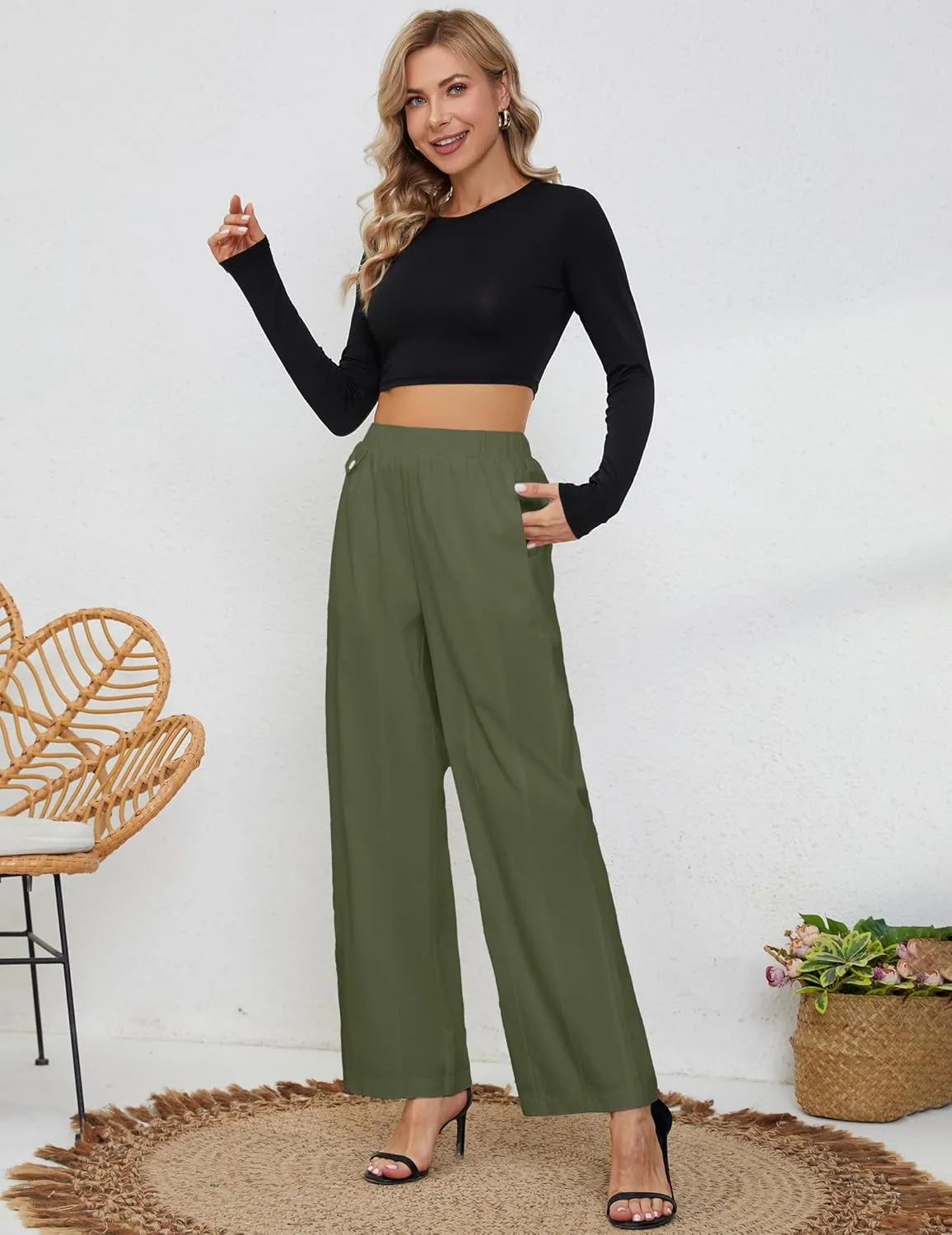 Womens Elastic High Waist Pants Straight Long Trousers Pockets Comfy Cotton Palazzo Work Business Casual