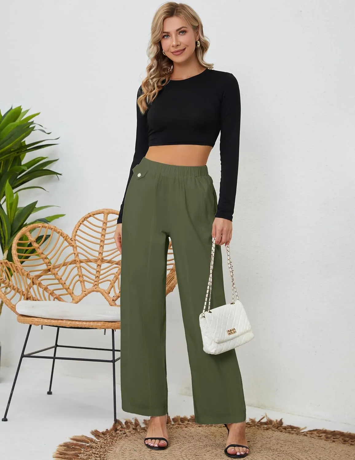 Womens Elastic High Waist Pants Straight Long Trousers Pockets Comfy Cotton Palazzo Work Business Casual