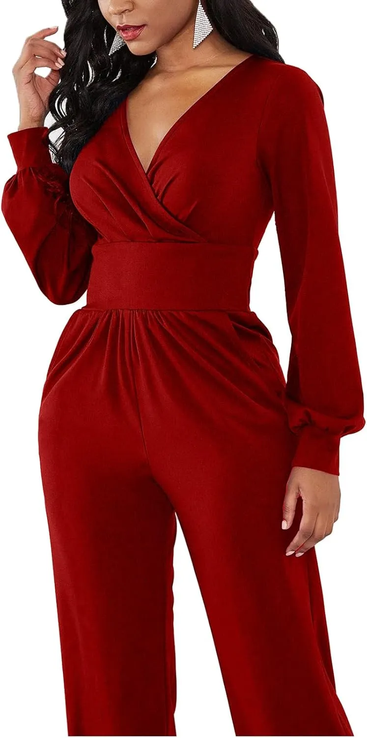 Women's Fall Jumpsuits Long Sleeve Wrap Front Jumpsuit Dressy One Piece Outfits Long Pants Cocktail Party Romper