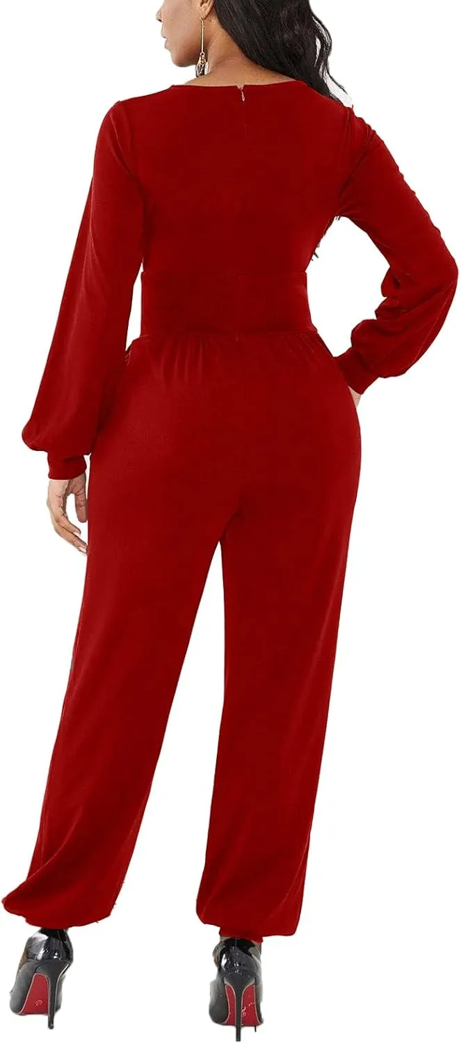 Women's Fall Jumpsuits Long Sleeve Wrap Front Jumpsuit Dressy One Piece Outfits Long Pants Cocktail Party Romper