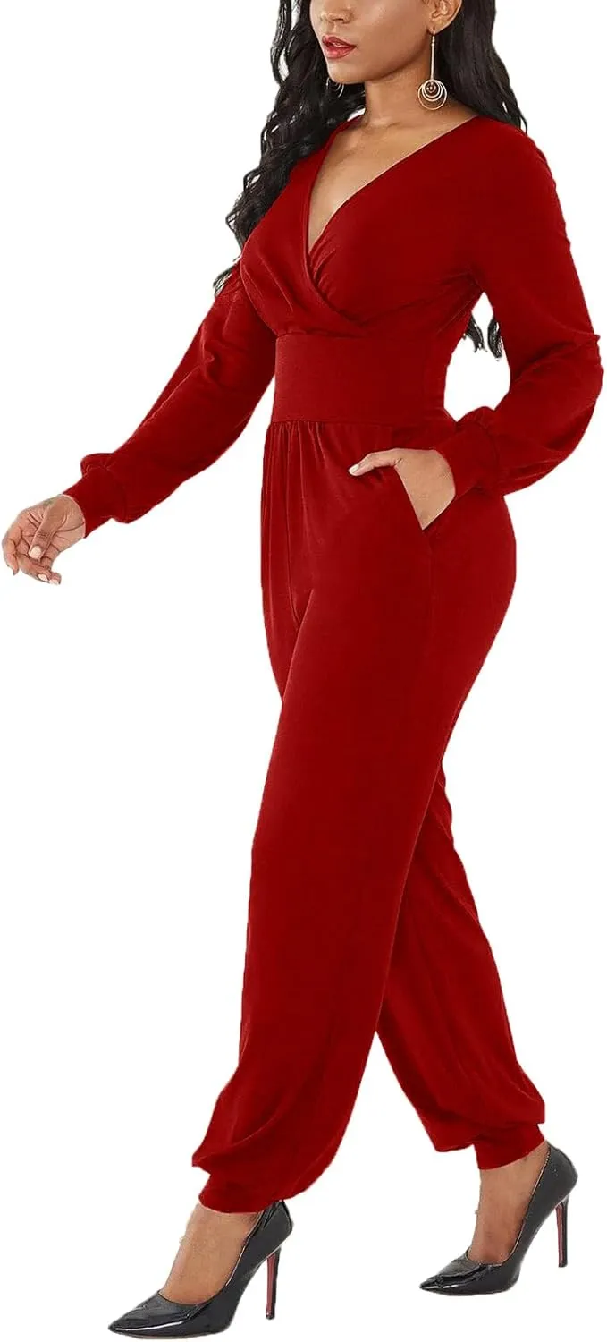 Women's Fall Jumpsuits Long Sleeve Wrap Front Jumpsuit Dressy One Piece Outfits Long Pants Cocktail Party Romper