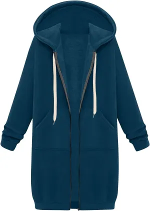 Women's Full Zip Up Hoodies Long Tunic Fall Winter Fleece Jackets Plus Size Casual Long Sleeve Solid Sweatshirt
