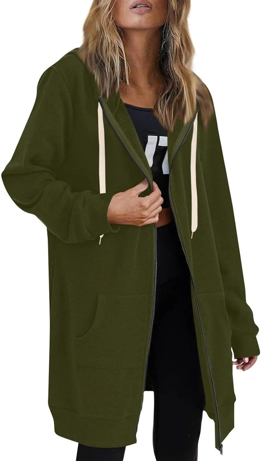 Women's Full Zip Up Hoodies Long Tunic Fall Winter Fleece Jackets Plus Size Casual Long Sleeve Solid Sweatshirt