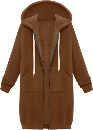 Women's Full Zip Up Hoodies Long Tunic Fall Winter Fleece Jackets Plus Size Casual Long Sleeve Solid Sweatshirt