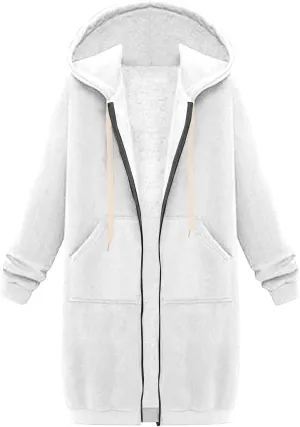 Women's Full Zip Up Hoodies Long Tunic Fall Winter Fleece Jackets Plus Size Casual Long Sleeve Solid Sweatshirt