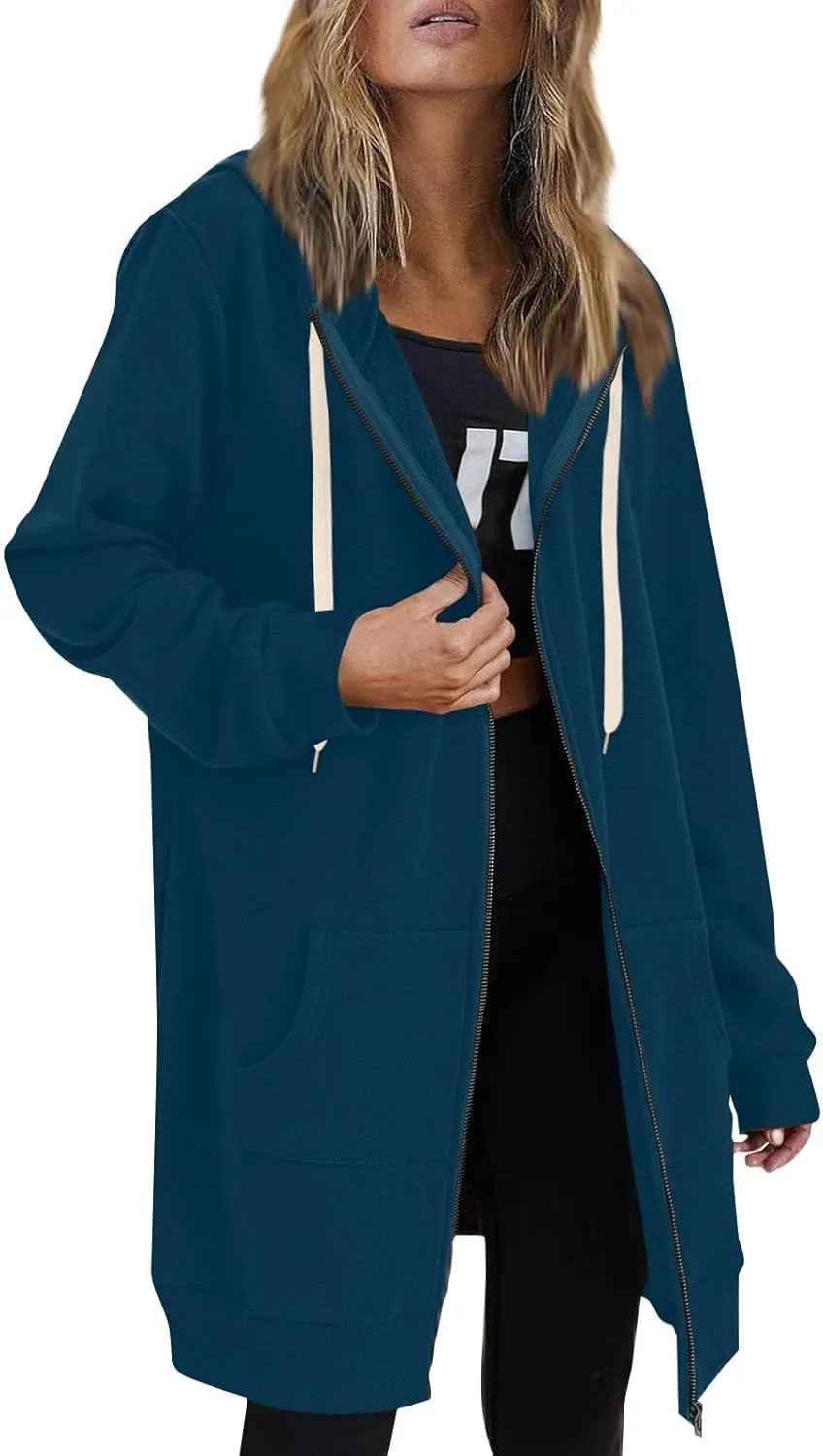 Women's Full Zip Up Hoodies Long Tunic Fall Winter Fleece Jackets Plus Size Casual Long Sleeve Solid Sweatshirt