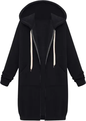 Women's Full Zip Up Hoodies Long Tunic Fall Winter Fleece Jackets Plus Size Casual Long Sleeve Solid Sweatshirt