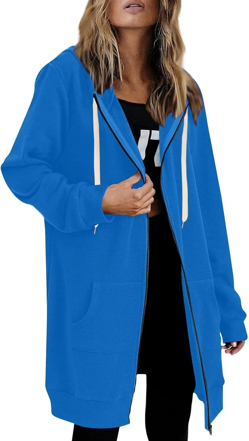 Women's Full Zip Up Hoodies Long Tunic Fall Winter Fleece Jackets Plus Size Casual Long Sleeve Solid Sweatshirt