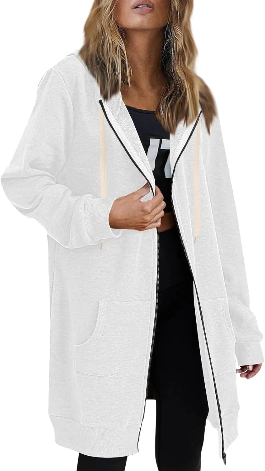 Women's Full Zip Up Hoodies Long Tunic Fall Winter Fleece Jackets Plus Size Casual Long Sleeve Solid Sweatshirt