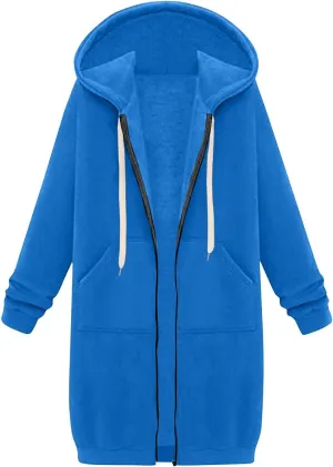 Women's Full Zip Up Hoodies Long Tunic Fall Winter Fleece Jackets Plus Size Casual Long Sleeve Solid Sweatshirt