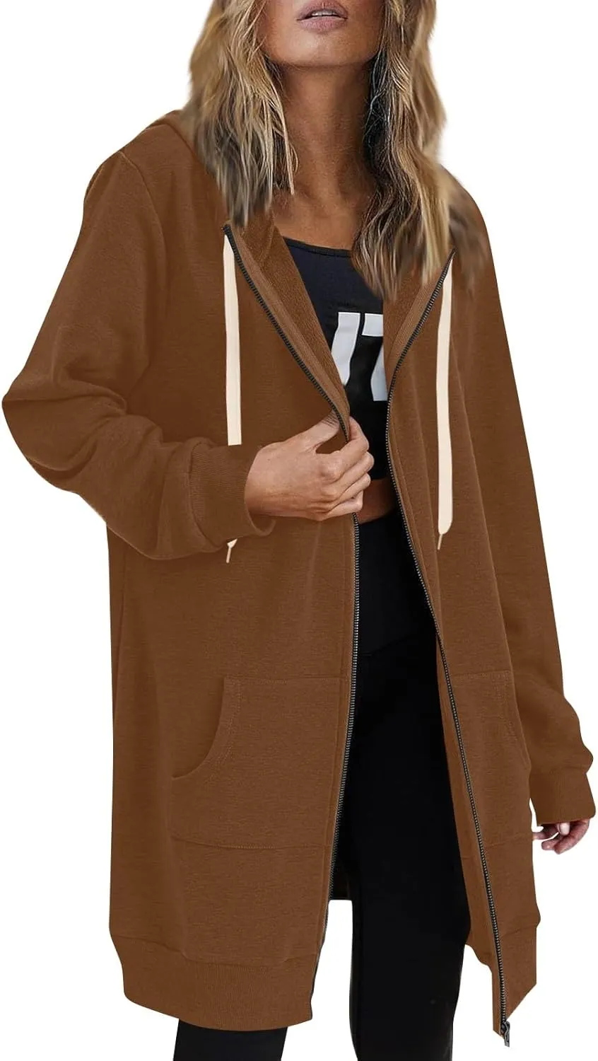Women's Full Zip Up Hoodies Long Tunic Fall Winter Fleece Jackets Plus Size Casual Long Sleeve Solid Sweatshirt