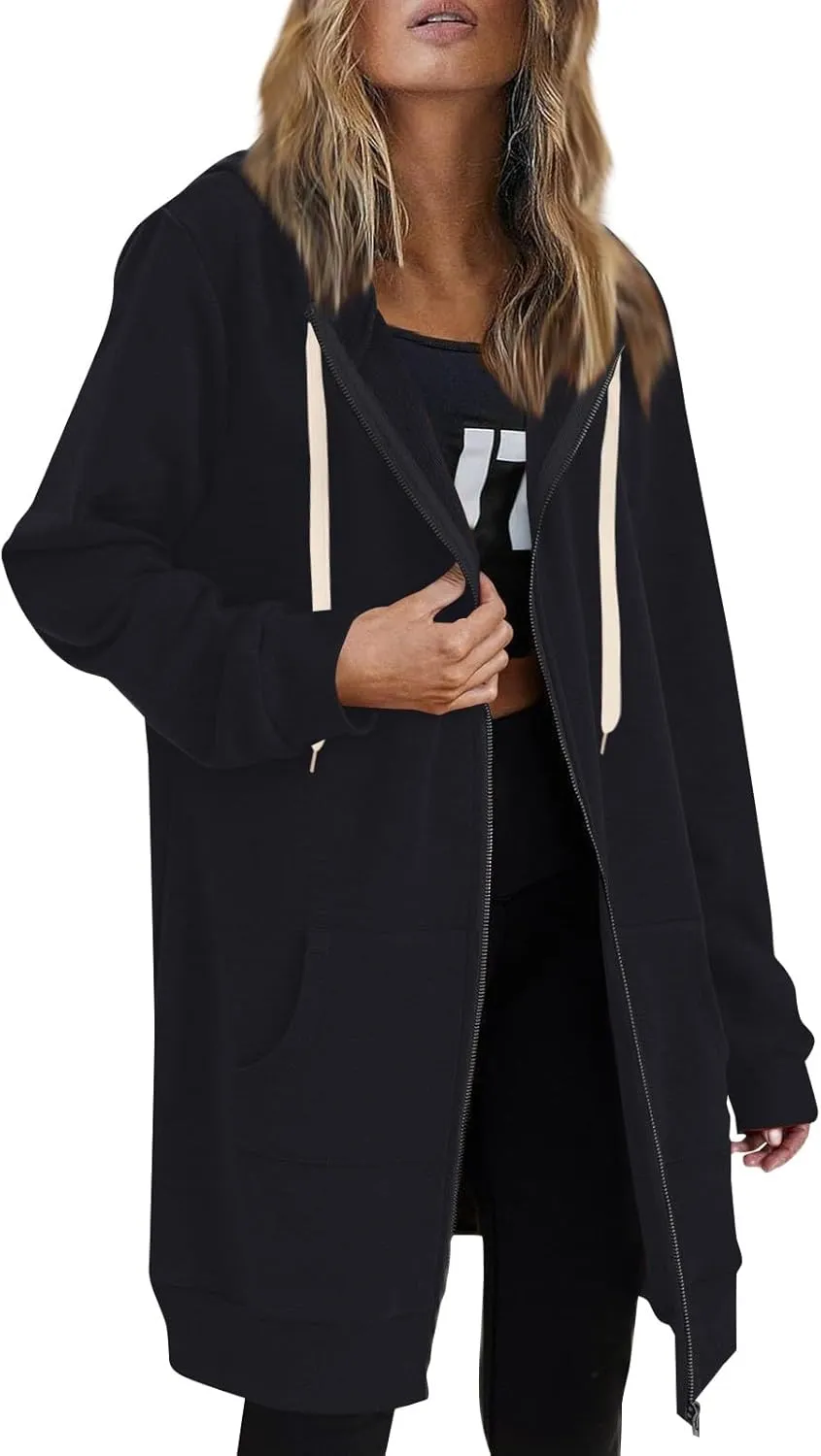Women's Full Zip Up Hoodies Long Tunic Fall Winter Fleece Jackets Plus Size Casual Long Sleeve Solid Sweatshirt