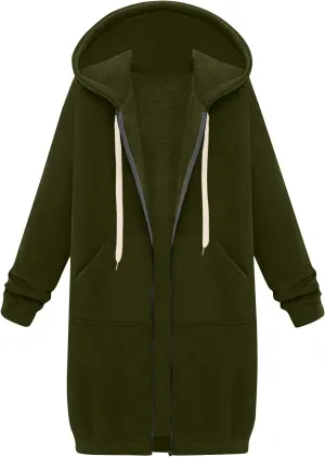 Women's Full Zip Up Hoodies Long Tunic Fall Winter Fleece Jackets Plus Size Casual Long Sleeve Solid Sweatshirt