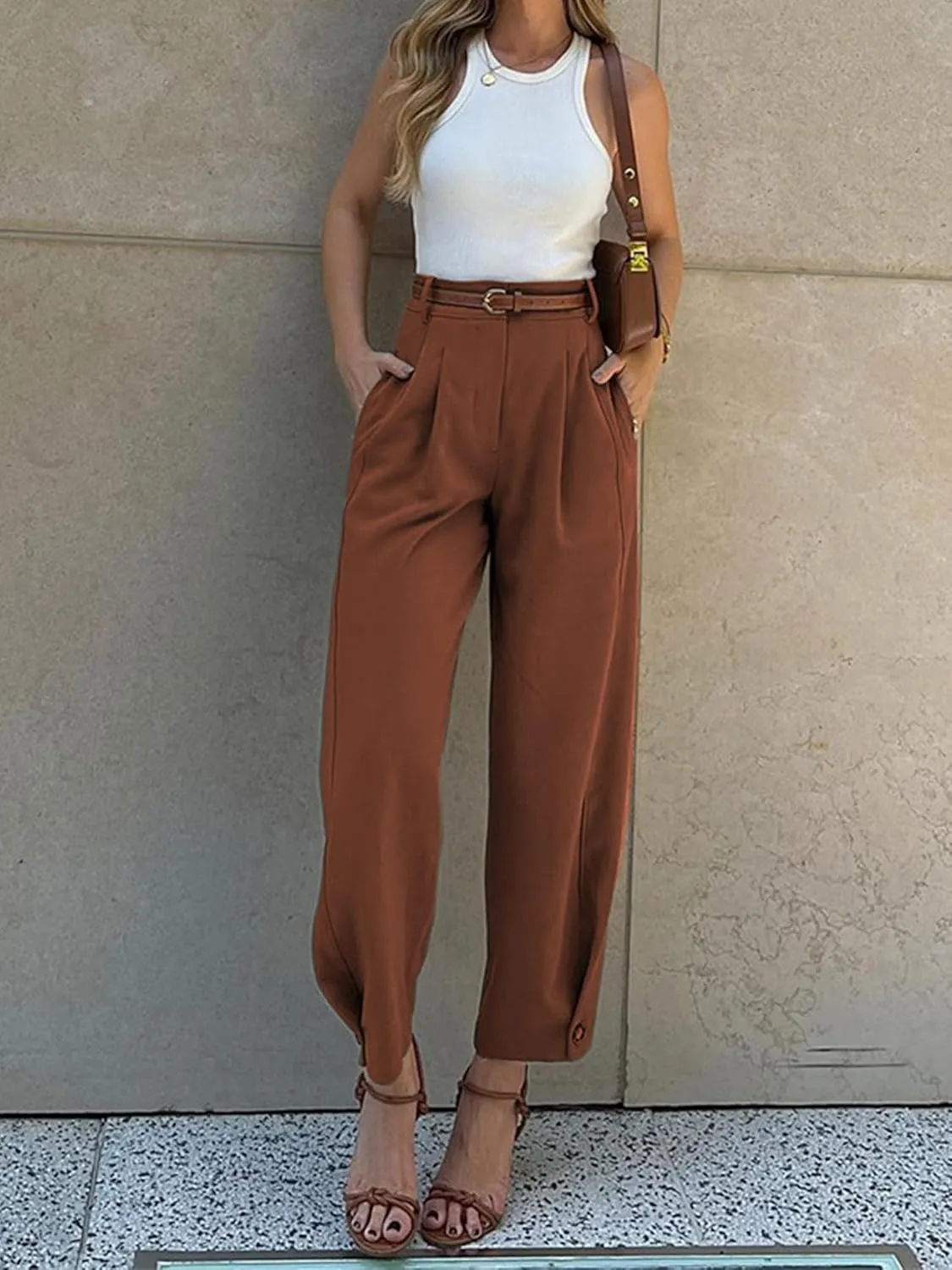 Women's High Waist Pleated Trousers, Olive Green, Wide Leg Dress Pants with Belt Loops