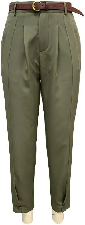 Women's High Waist Pleated Trousers, Olive Green, Wide Leg Dress Pants with Belt Loops