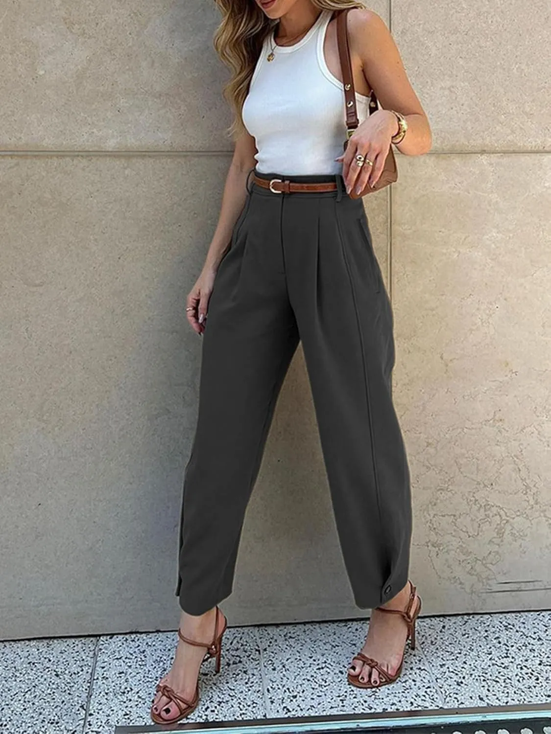 Women's High Waist Pleated Trousers, Olive Green, Wide Leg Dress Pants with Belt Loops