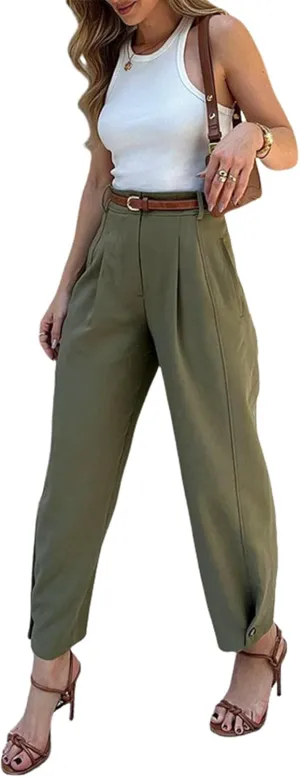 Women's High Waist Pleated Trousers, Olive Green, Wide Leg Dress Pants with Belt Loops