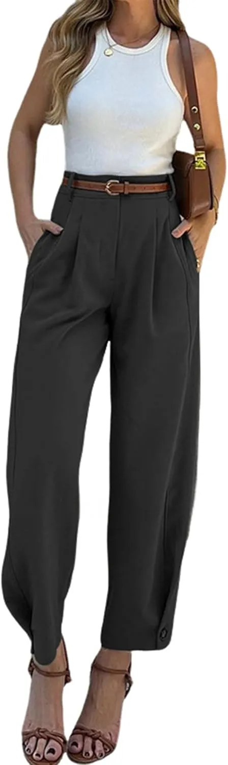 Women's High Waist Pleated Trousers, Olive Green, Wide Leg Dress Pants with Belt Loops