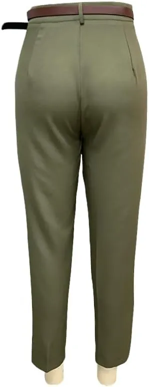 Women's High Waist Pleated Trousers, Olive Green, Wide Leg Dress Pants with Belt Loops
