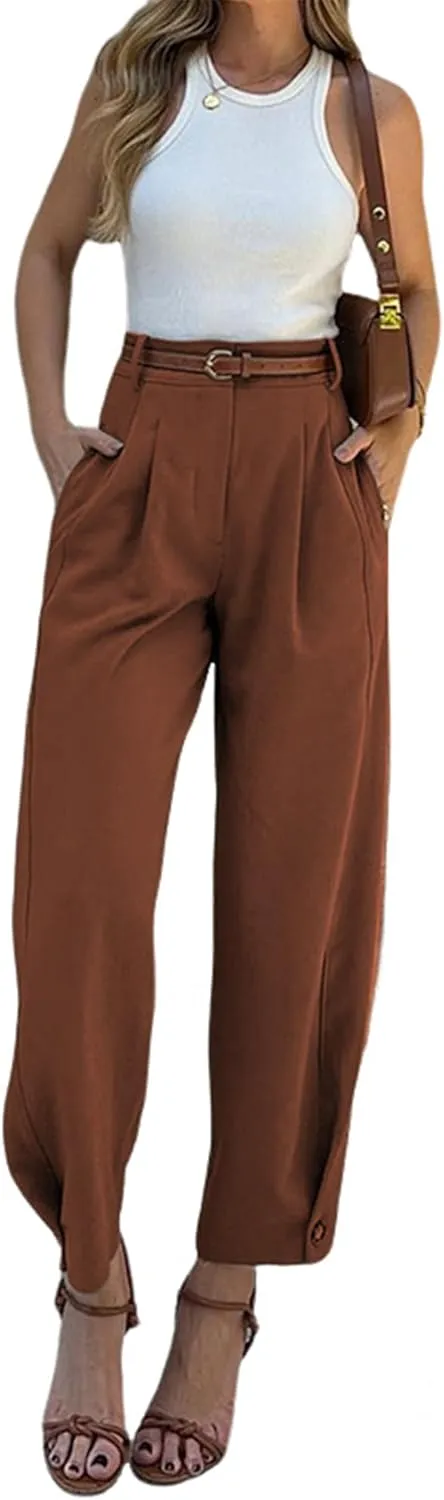 Women's High Waist Pleated Trousers, Olive Green, Wide Leg Dress Pants with Belt Loops
