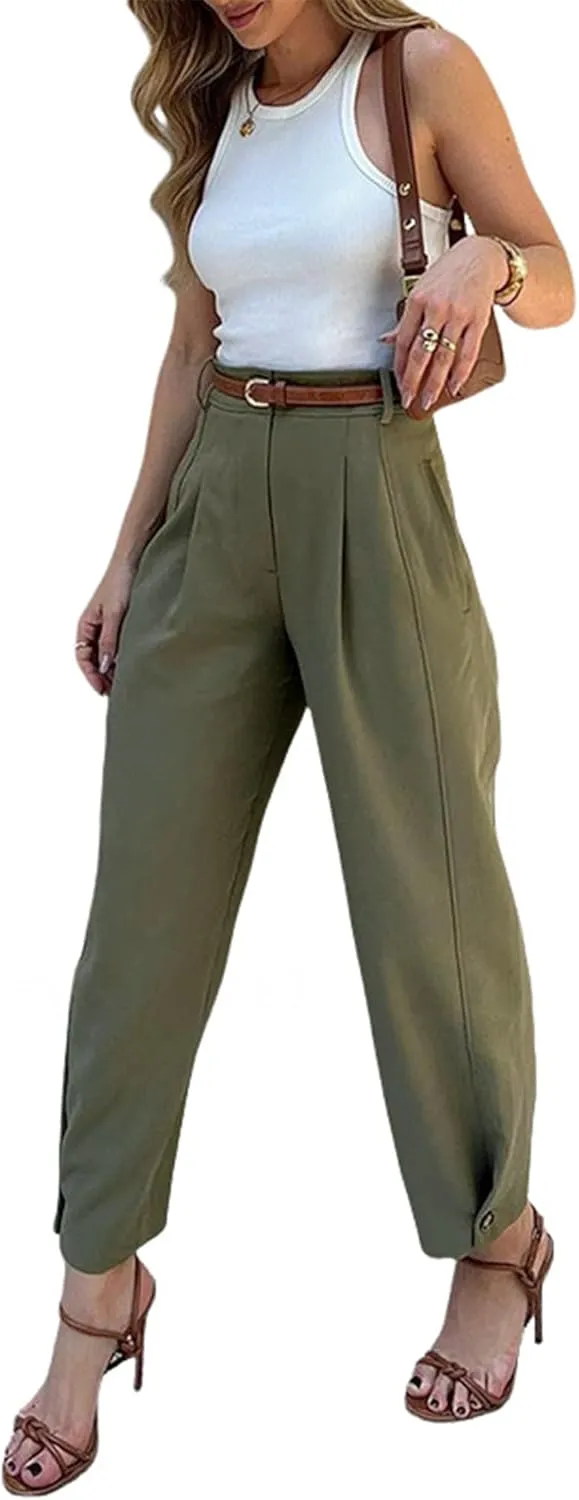 Women's High Waist Pleated Trousers, Olive Green, Wide Leg Dress Pants with Belt Loops
