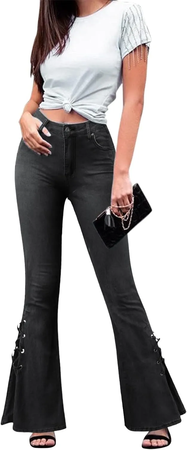 Women's Lace-up Bell Bottom Denim Pants Mid Waist Stretchy Flare Juniors Jeans Trouser Leggings Streetwear