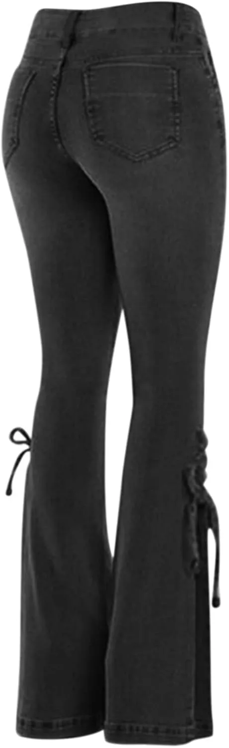 Women's Lace-up Bell Bottom Denim Pants Mid Waist Stretchy Flare Juniors Jeans Trouser Leggings Streetwear