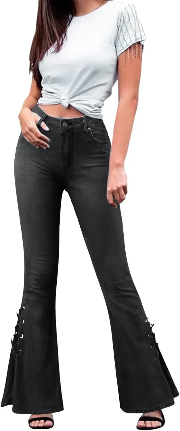 Women's Lace-up Bell Bottom Denim Pants Mid Waist Stretchy Flare Juniors Jeans Trouser Leggings Streetwear
