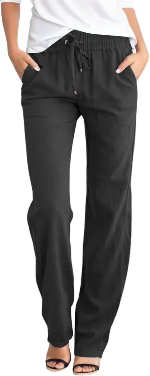 Women's Linen Blend Summer Boho Pant Trousers Elastic Waist Bootcut Slim Fit Pant Trousers Vacation
