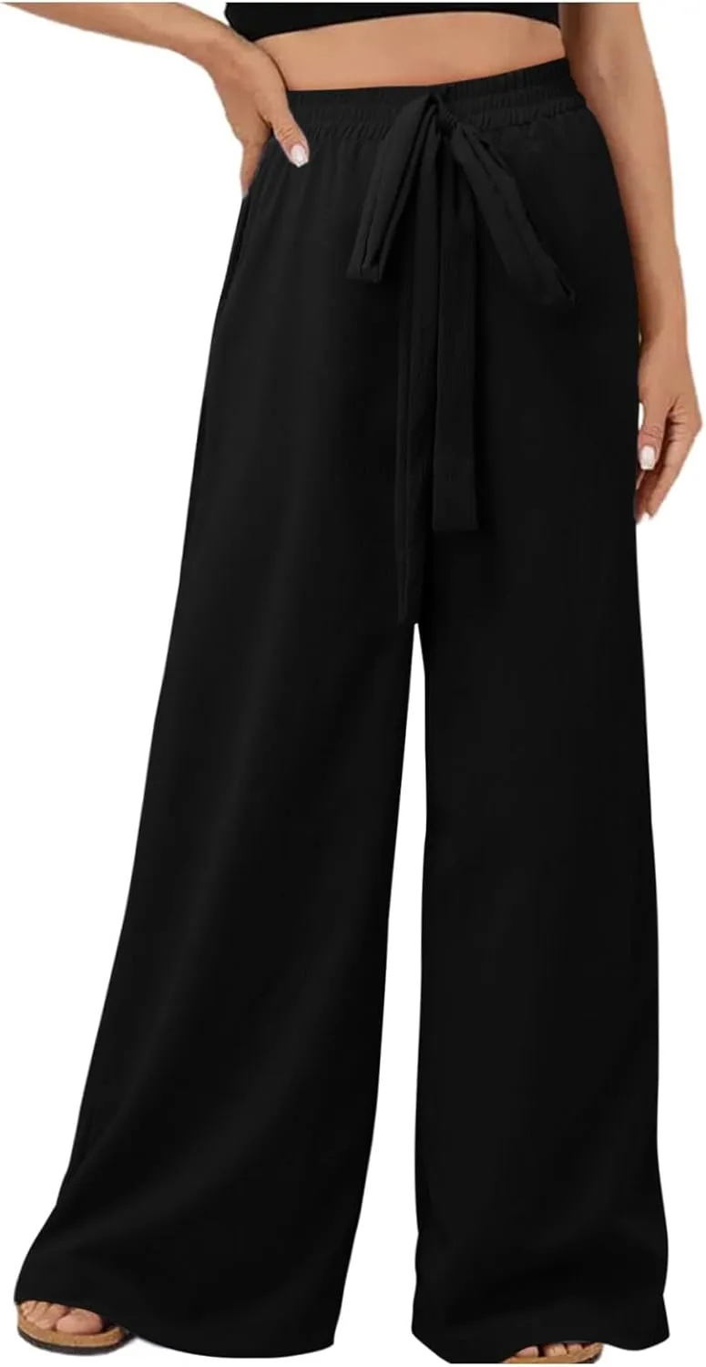 Womens Linen Summer Drawstring Palazzo Lounge Pants Low Waist Lounge Pants Loose Fit Palazzo Lounge Pants Vacation