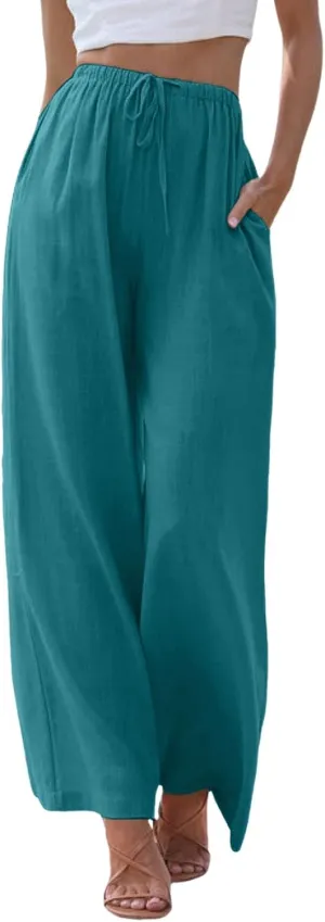 Womens Linen Summer Trendy Palazzo Lounge Pants Elastic Waisted Bootcut Plus Size Palazzo Lounge Pants