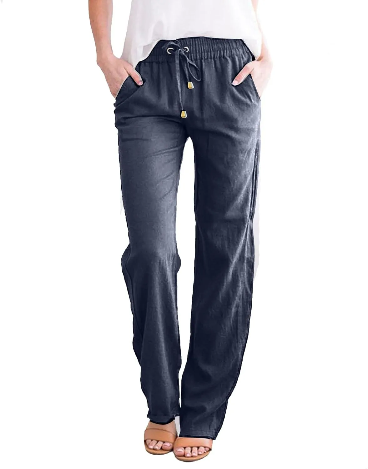 Womens Linen Summer Trendy Palazzo Lounge Pants Elastic Waisted Bootcut Plus Size Palazzo Lounge Pants