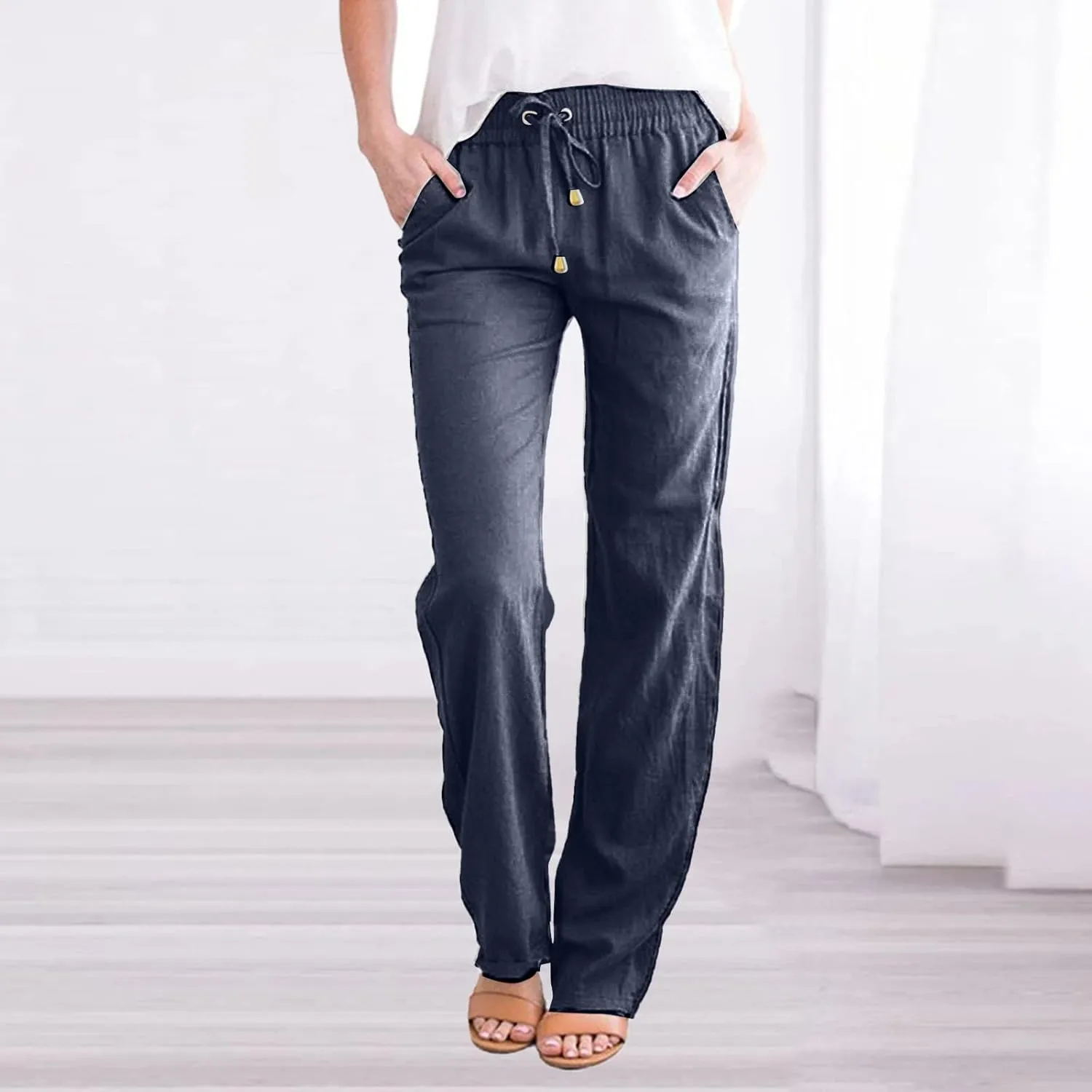 Womens Linen Summer Trendy Palazzo Lounge Pants Elastic Waisted Bootcut Plus Size Palazzo Lounge Pants