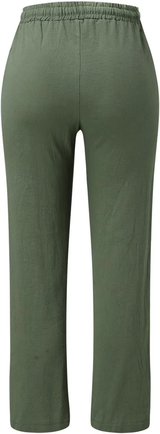 Womens Linen Summer Trendy Palazzo Lounge Pants Low Waist Bootcut Loose Fit Trousers Work Business