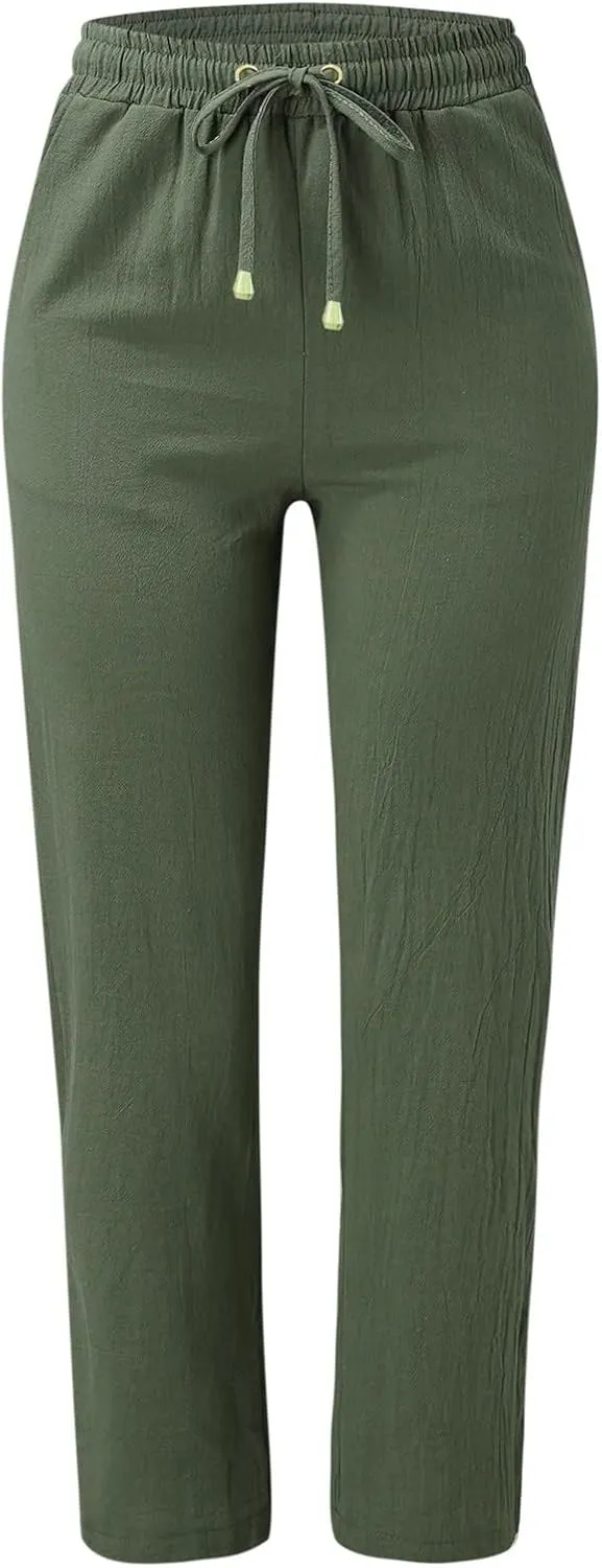 Womens Linen Summer Trendy Palazzo Lounge Pants Low Waist Bootcut Loose Fit Trousers Work Business