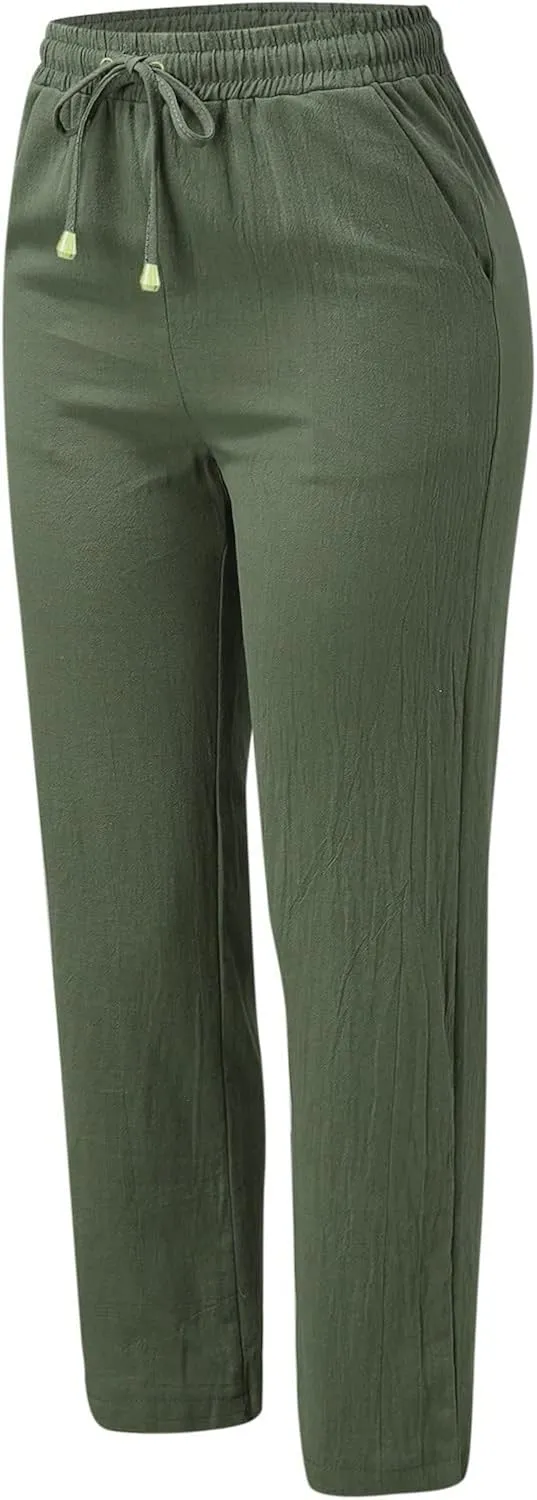 Womens Linen Summer Trendy Palazzo Lounge Pants Low Waist Bootcut Loose Fit Trousers Work Business
