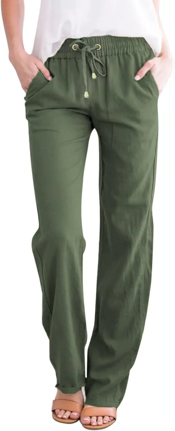 Womens Linen Summer Trendy Palazzo Lounge Pants Low Waist Bootcut Loose Fit Trousers Work Business