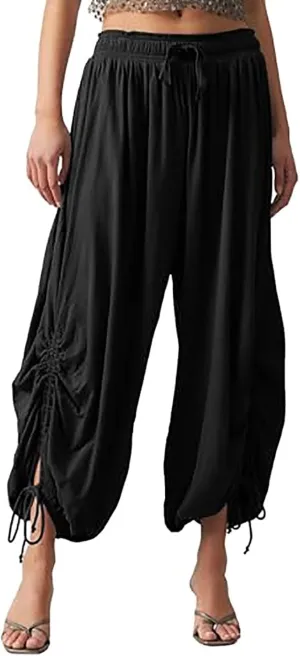 Womens Loose Wide Leg Pants Drawstring Split Hem Palazzo Pants Elastic High Waist Cropped Pants Pleated Trousers
