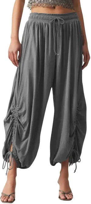 Womens Loose Wide Leg Pants Drawstring Split Hem Palazzo Pants Elastic High Waist Cropped Pants Pleated Trousers