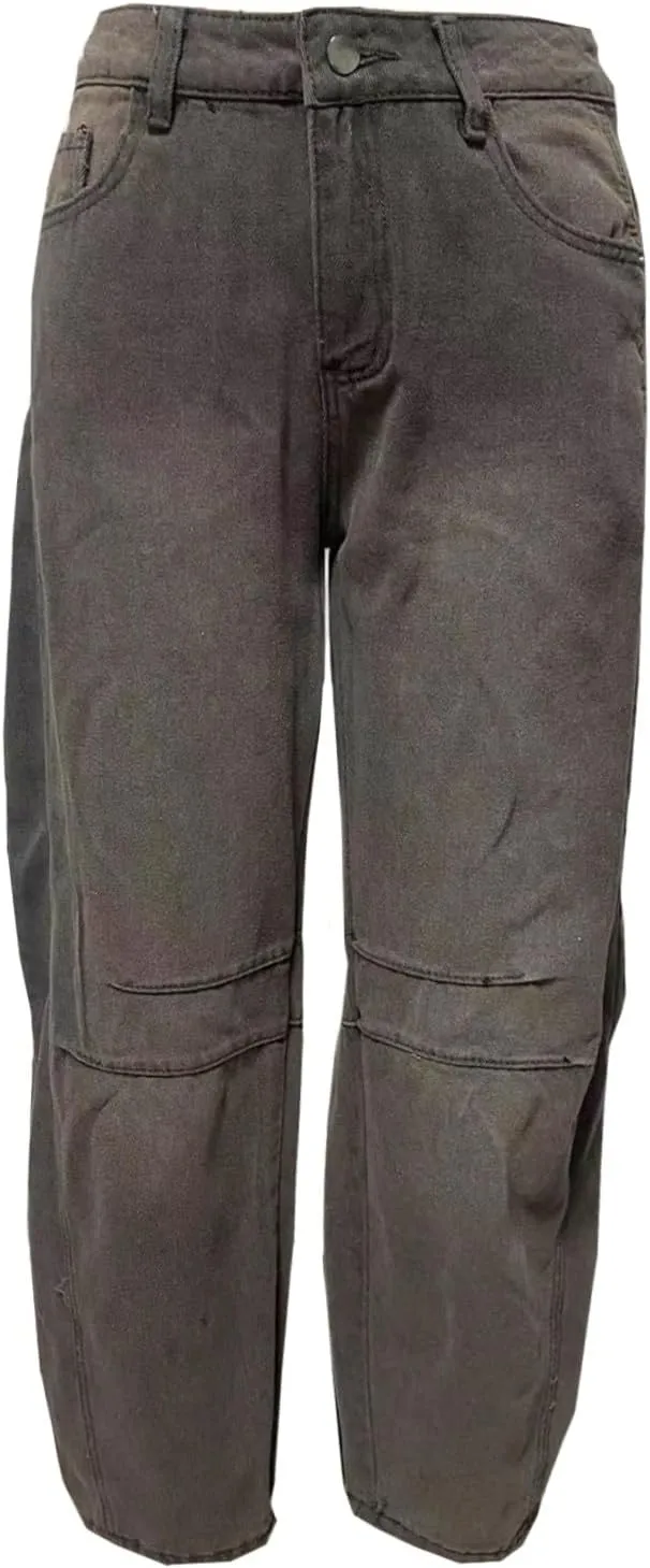 Women's Mid Rise Barrel Jeans Wide Leg Vintage Y2k Baggy Boyfriend Ankle Cropped Denim Pants with Pockets