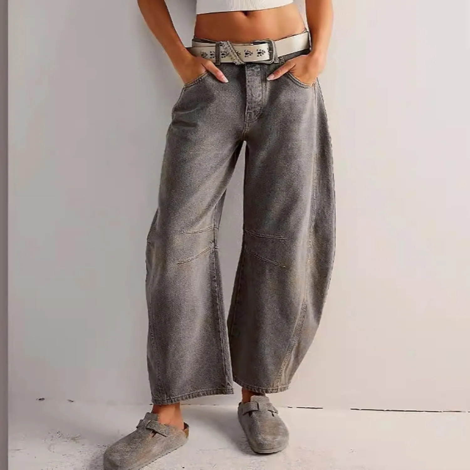 Women's Mid Rise Barrel Jeans Wide Leg Vintage Y2k Baggy Boyfriend Ankle Cropped Denim Pants with Pockets