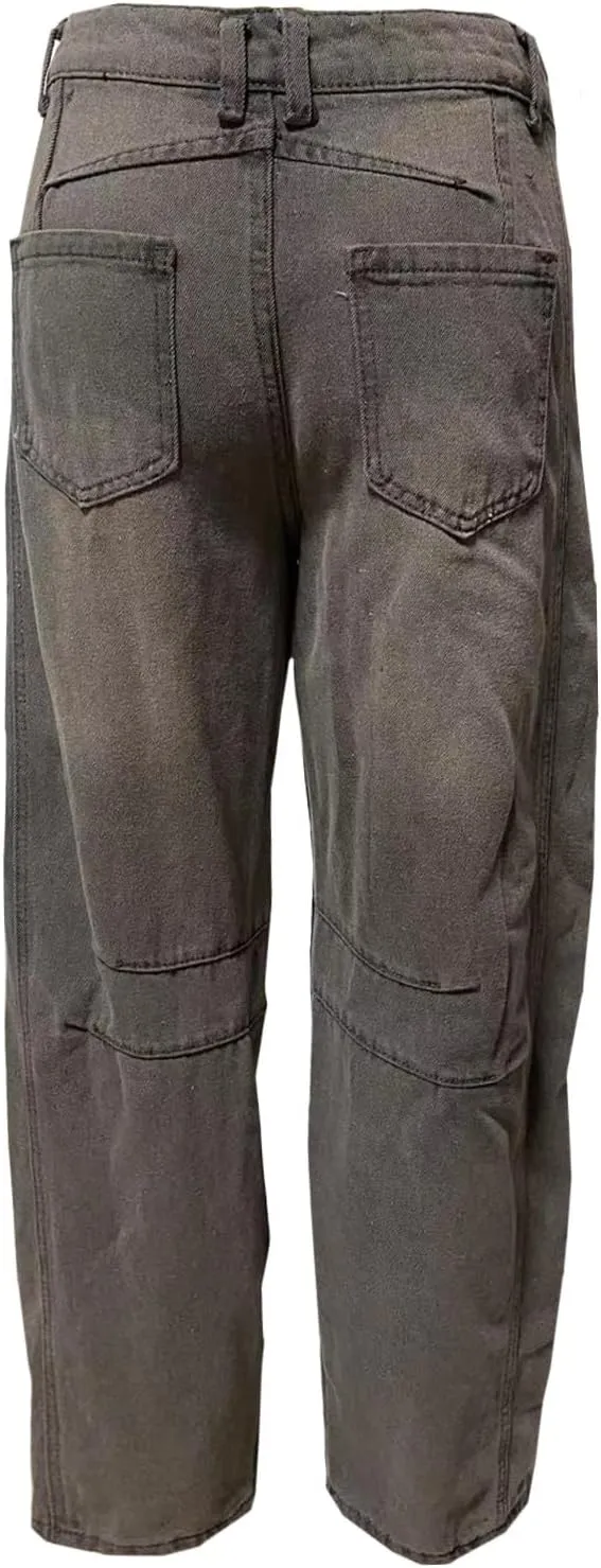Women's Mid Rise Barrel Jeans Wide Leg Vintage Y2k Baggy Boyfriend Ankle Cropped Denim Pants with Pockets