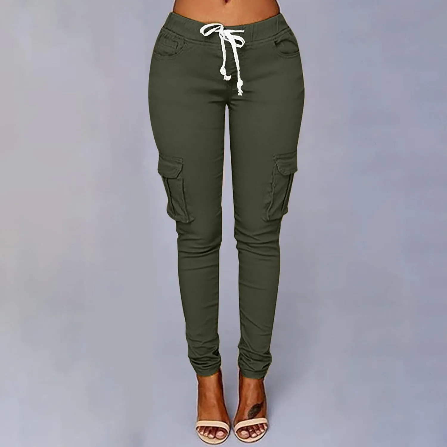 Womens Mid Waist Cargo Leggings High Rise Skinny Cargo Pants Tactical Stretch Jogger Slim Tapered Trouser Sweatpants