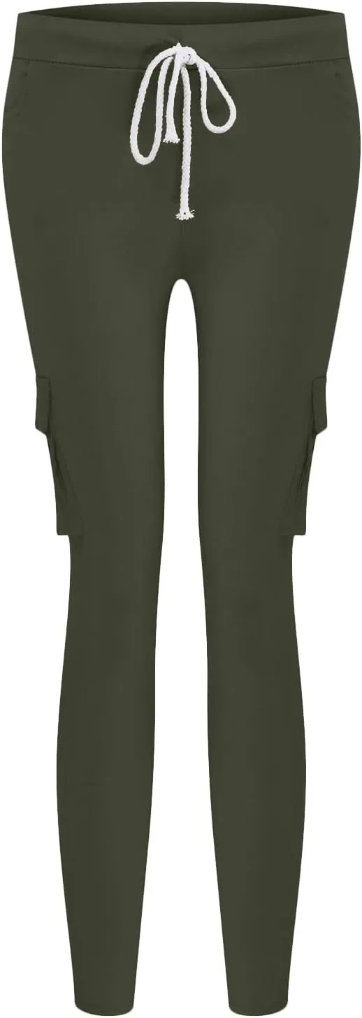 Womens Mid Waist Cargo Leggings High Rise Skinny Cargo Pants Tactical Stretch Jogger Slim Tapered Trouser Sweatpants