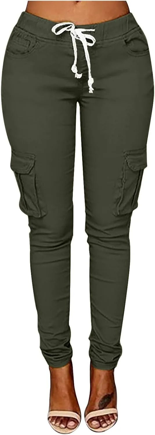 Womens Mid Waist Cargo Leggings High Rise Skinny Cargo Pants Tactical Stretch Jogger Slim Tapered Trouser Sweatpants